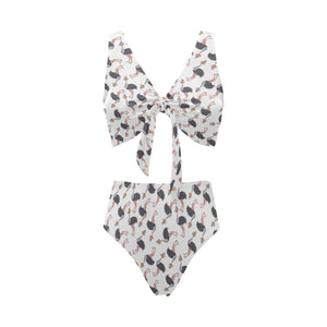 Ostrich Pattern Print Design 02 Chest Bowknot High Waisted Bikini Swimsuit