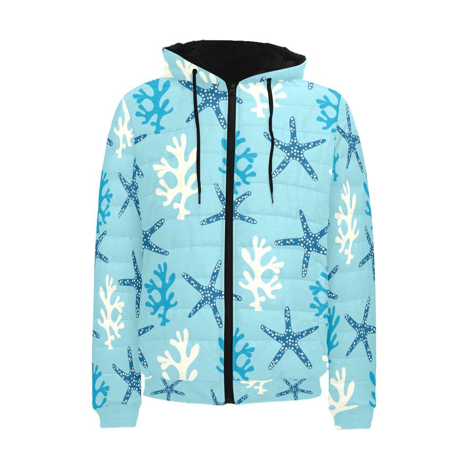 Blue starfish coral reef pattern Men's Padded Hooded Jacket