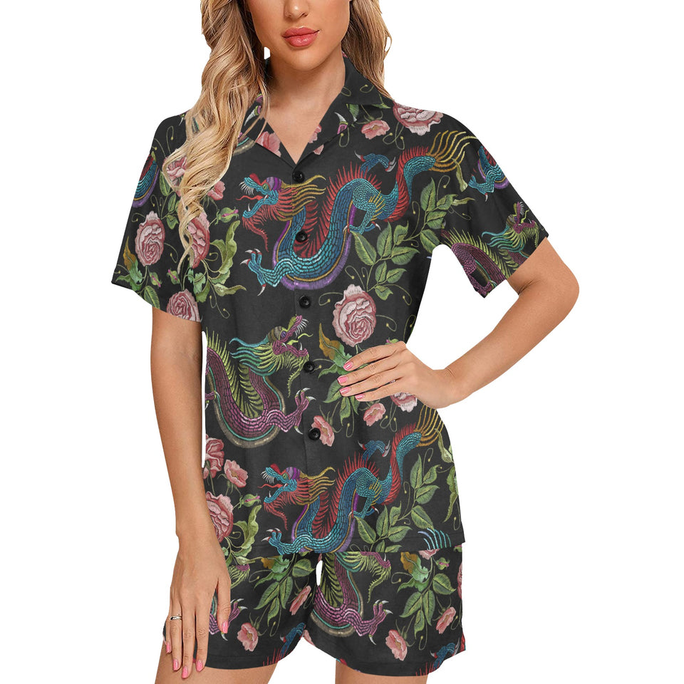 Dragons flower pattern Women's V-Neck Short Pajama Set