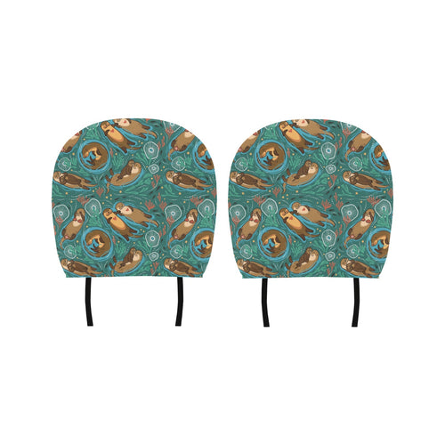 cute brown sea otters ornamental seaweed corals gr Car Headrest Cover
