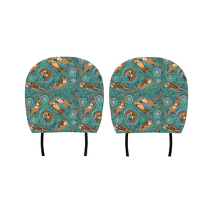 cute brown sea otters ornamental seaweed corals gr Car Headrest Cover