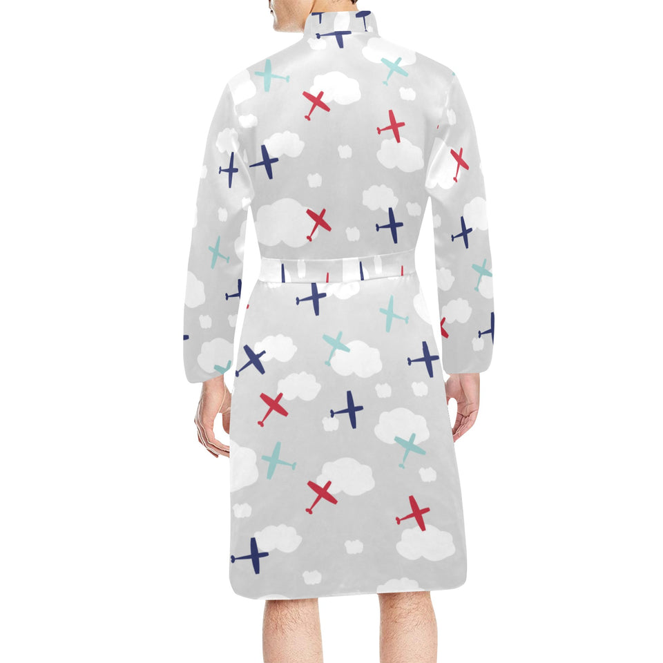 Airplane cloud grey background Men's Long Sleeve Belted Night Robe