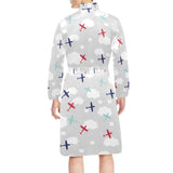 Airplane cloud grey background Men's Long Sleeve Belted Night Robe