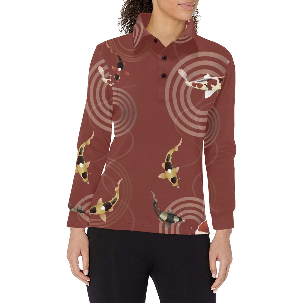 Koi Fish Carp Fish red background Women's Long Sleeve Polo Shirt