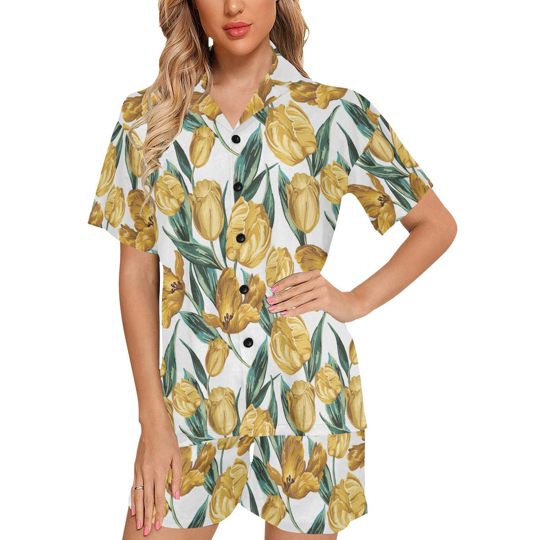yellow tulips pattern Women's V-Neck Short Pajama Set