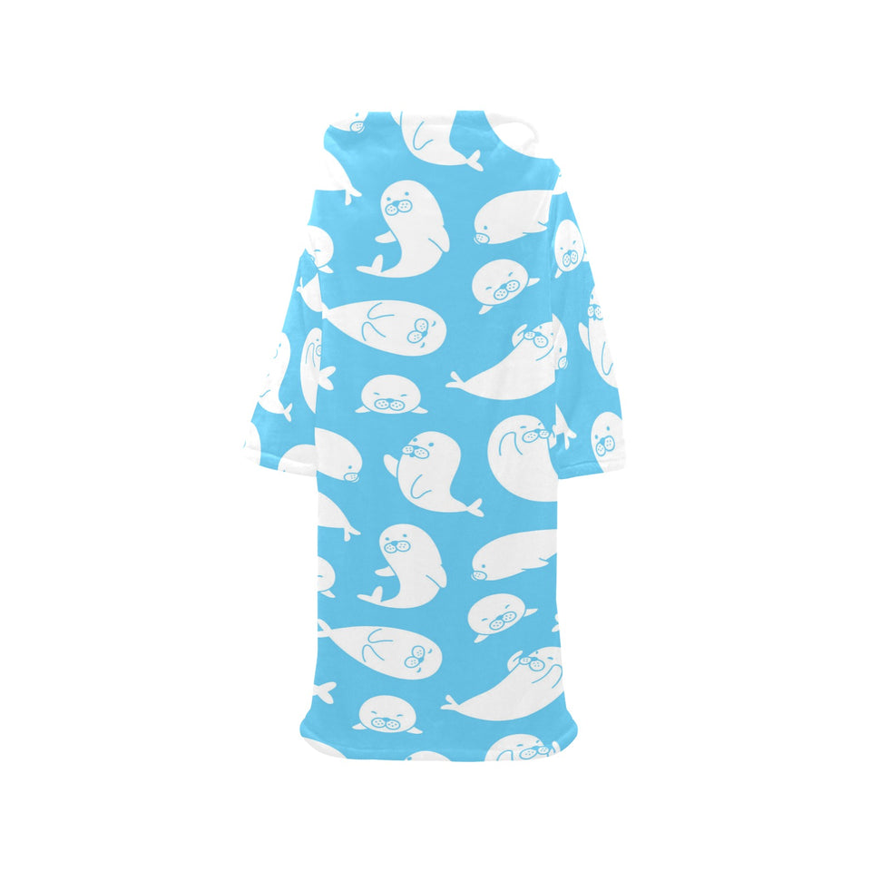 Cute white sea lion seals pattern Blanket Robe with Sleeves