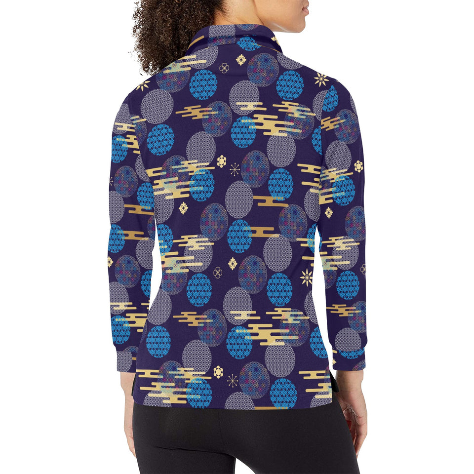 Blue japanese pattern cloud wave flower Women's Long Sleeve Polo Shirt