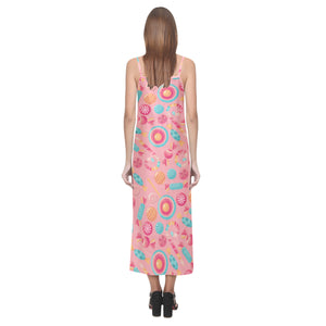 Colorful candy pattern V-Neck Open Fork Long Dress
