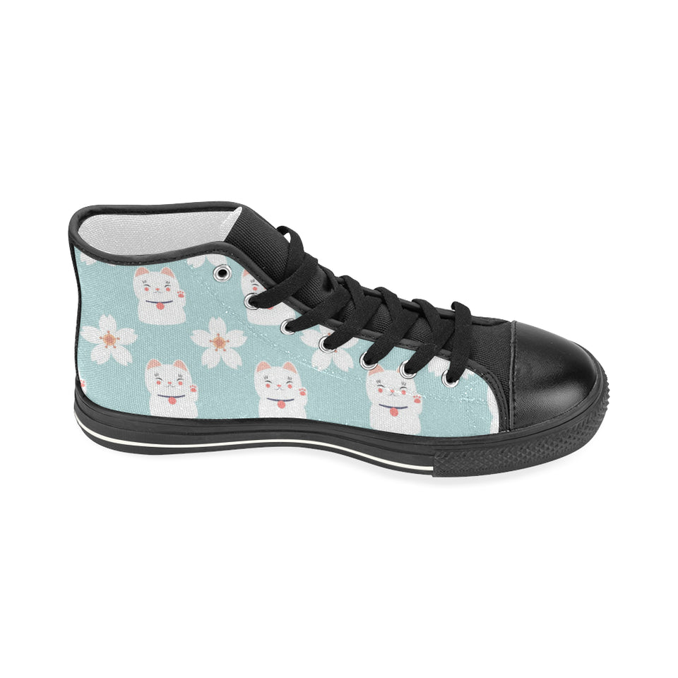 Maneki neko cat sakura Women's High Top Canvas Shoes Black
