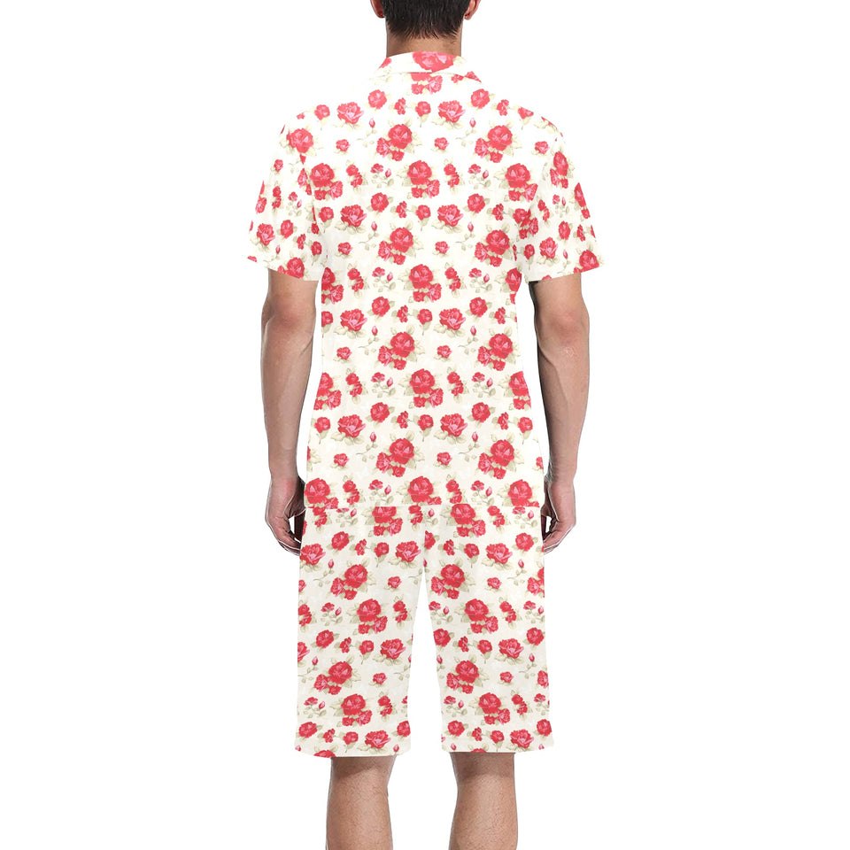 Rose Pattern Print Design 01 Men's V-Neck Short Pajama Set
