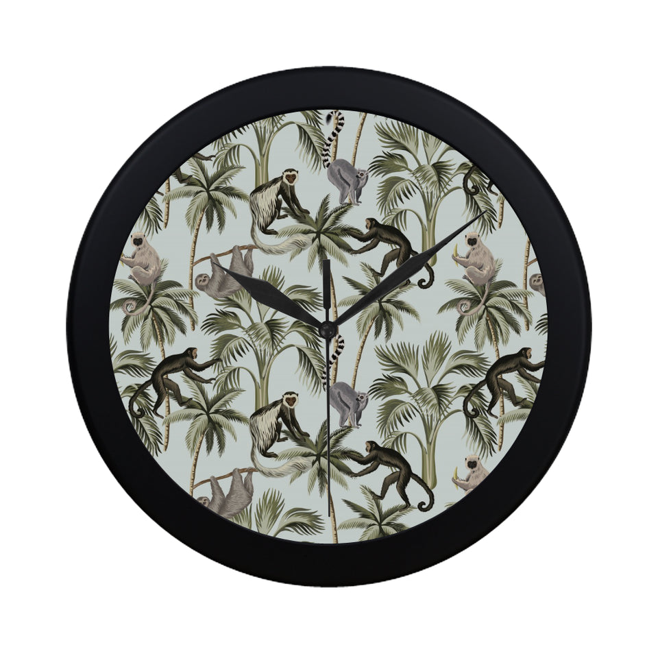 Monkey sloth lemur palm trees pattern Elegant Black Wall Clock