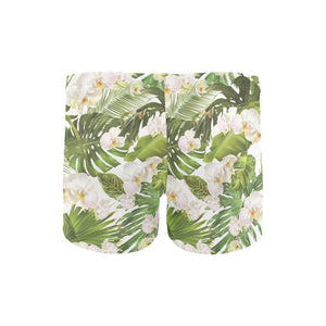 White orchid flower tropical leaves pattern Men's Swimming Trunks