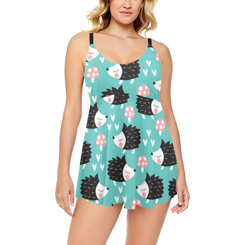 Hedgehog Pattern Print Design 03 Chest Sexy Pleated Two Piece Swim Dress