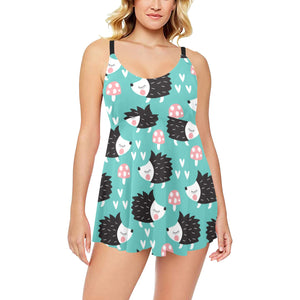 Hedgehog Pattern Print Design 03 Chest Sexy Pleated Two Piece Swim Dress
