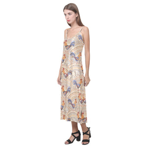 Cute rooster chicken cock floral ornament backgrou V-Neck Open Fork Long Dress