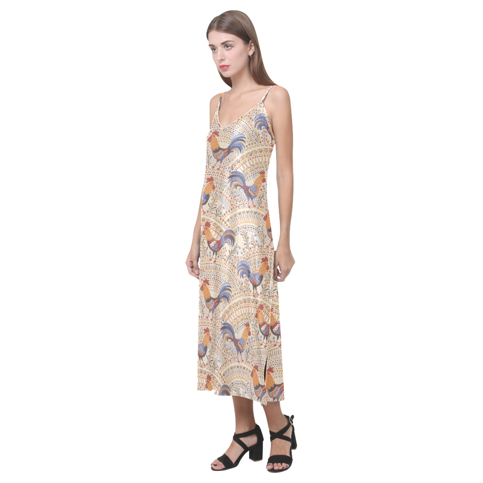 Cute rooster chicken cock floral ornament backgrou V-Neck Open Fork Long Dress