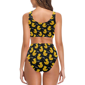 Duck Pattern Print Design 05 Chest Bowknot High Waisted Bikini Swimsuit