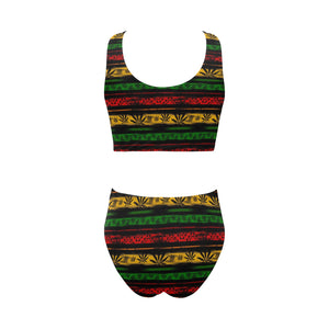 Canabis Marijuana Weed Pattern Print Design 04 Chest Bowknot High Waisted Bikini Swimsuit