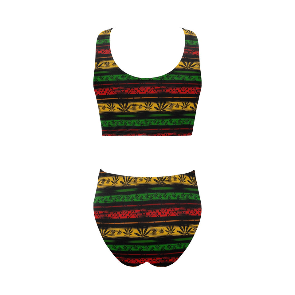 Canabis Marijuana Weed Pattern Print Design 04 Chest Bowknot High Waisted Bikini Swimsuit