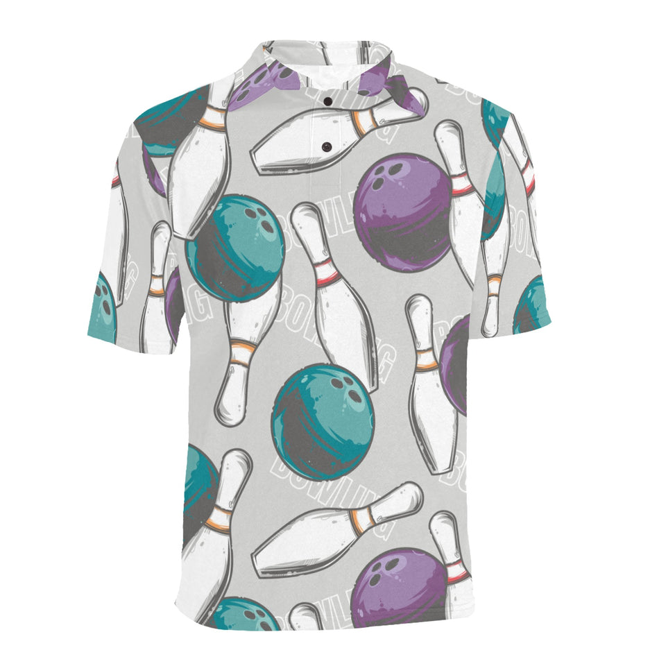 Bowling ball and pin gray background Men's All Over Print Polo Shirt