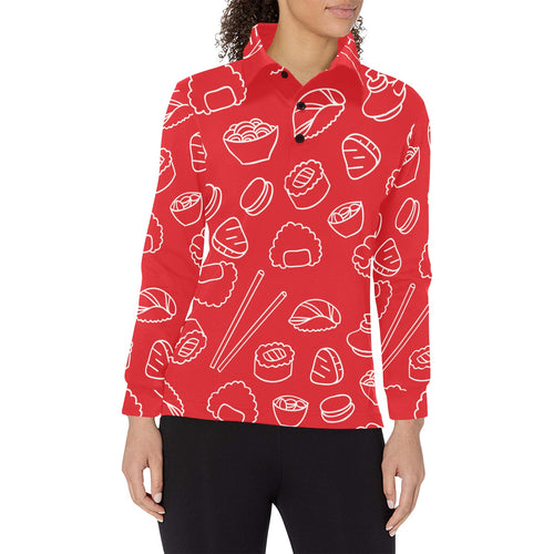 sushi pattern red background Women's Long Sleeve Polo Shirt