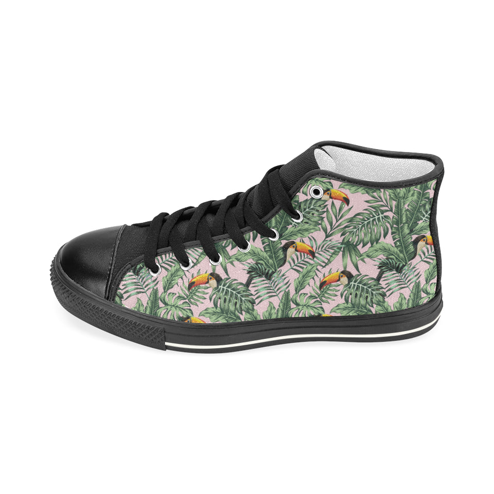 Toucan tropical green jungle palm pattern Women's High Top Canvas Shoes Black