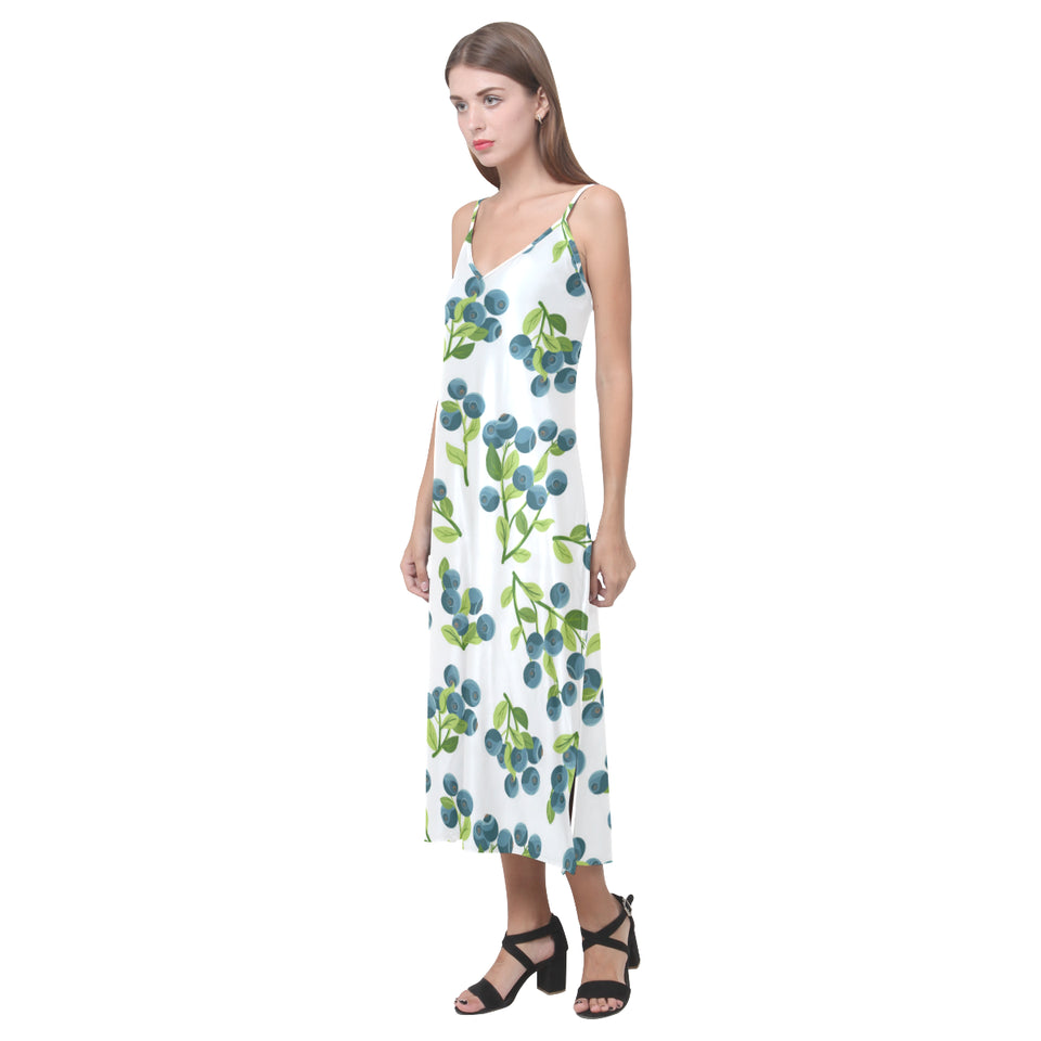blueberry white background V-Neck Open Fork Long Dress