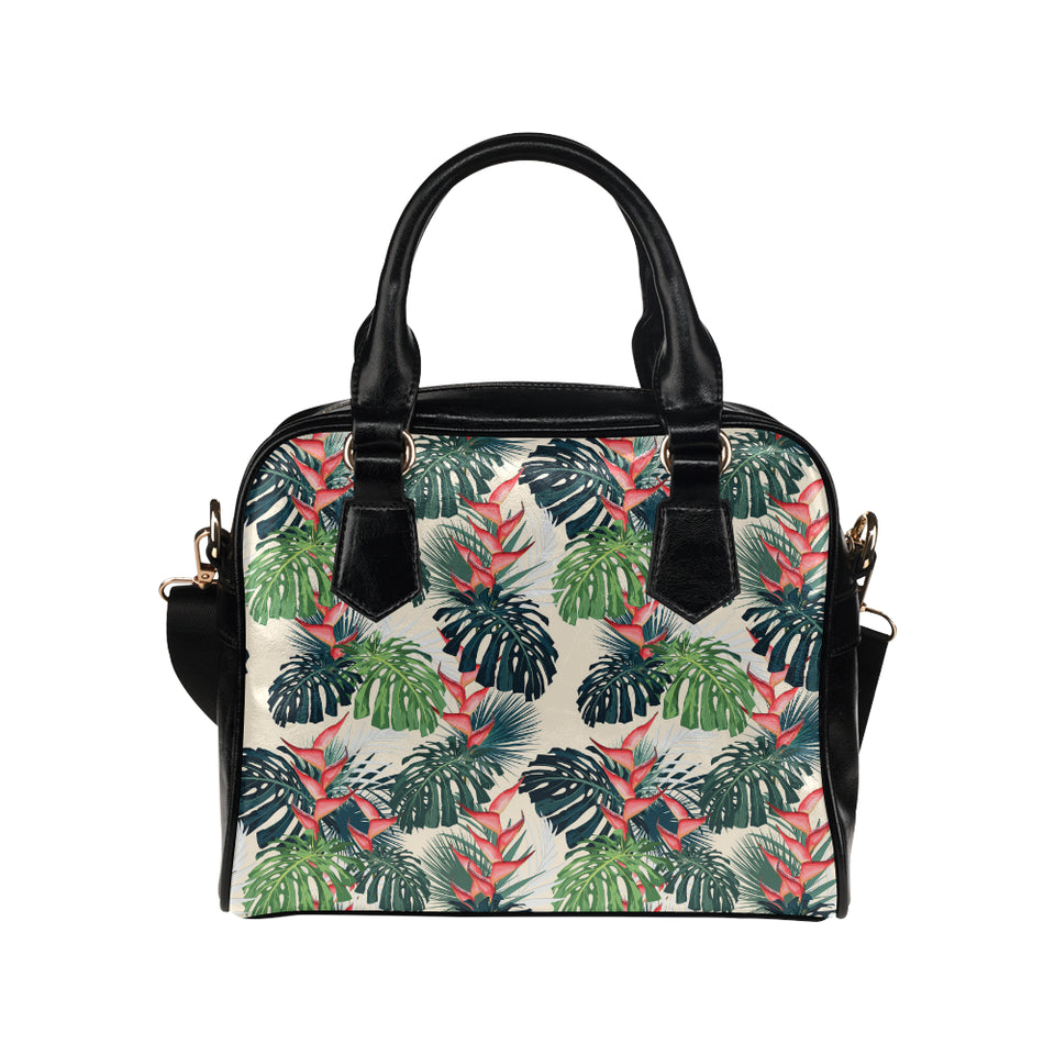 heliconia flowers, palm and monstera leaves Shoulder Handbag