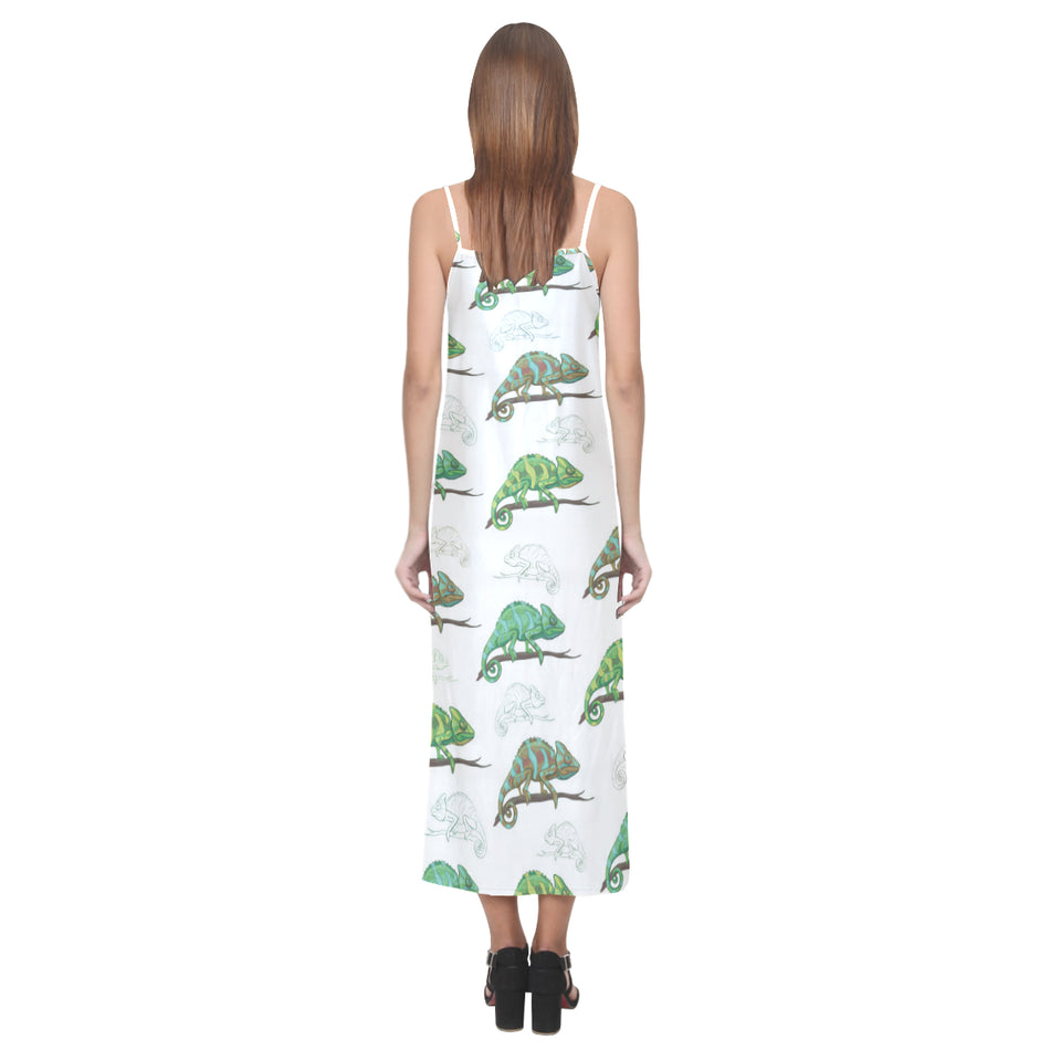 Chameleon lizard pattern V-Neck Open Fork Long Dress