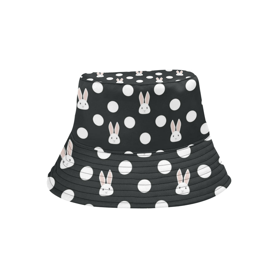 Cute white rabbit polka dots black background Unisex Bucket Hat