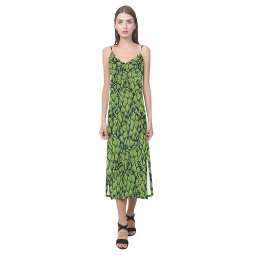 Green hop pattern V-Neck Open Fork Long Dress