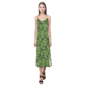 Green hop pattern V-Neck Open Fork Long Dress