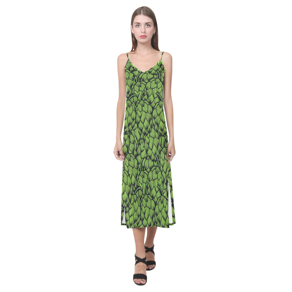 Green hop pattern V-Neck Open Fork Long Dress