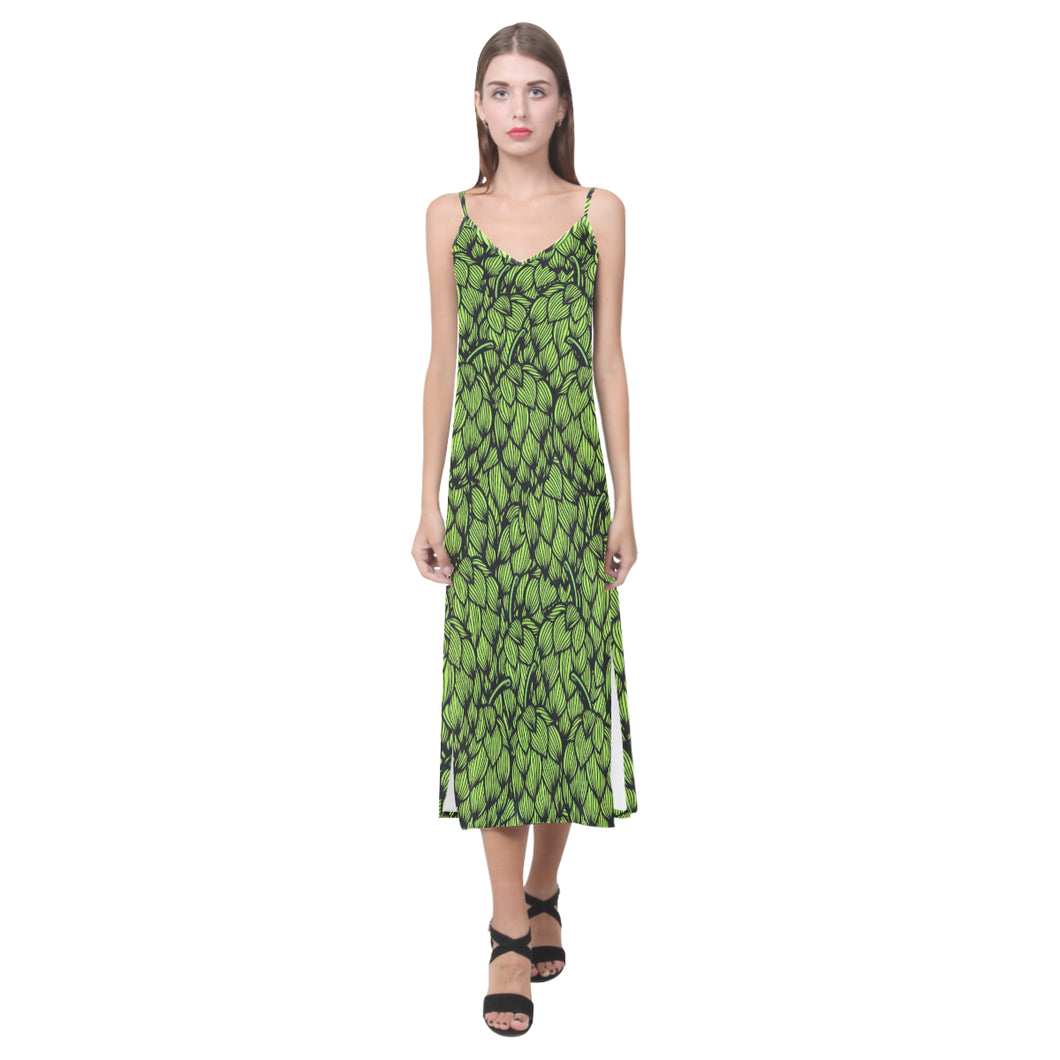 Green hop pattern V-Neck Open Fork Long Dress