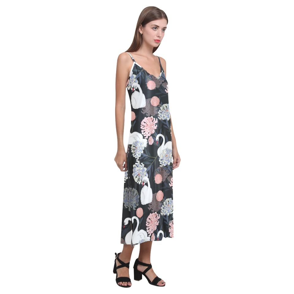 white swan blooming flower pattern V-Neck Open Fork Long Dress