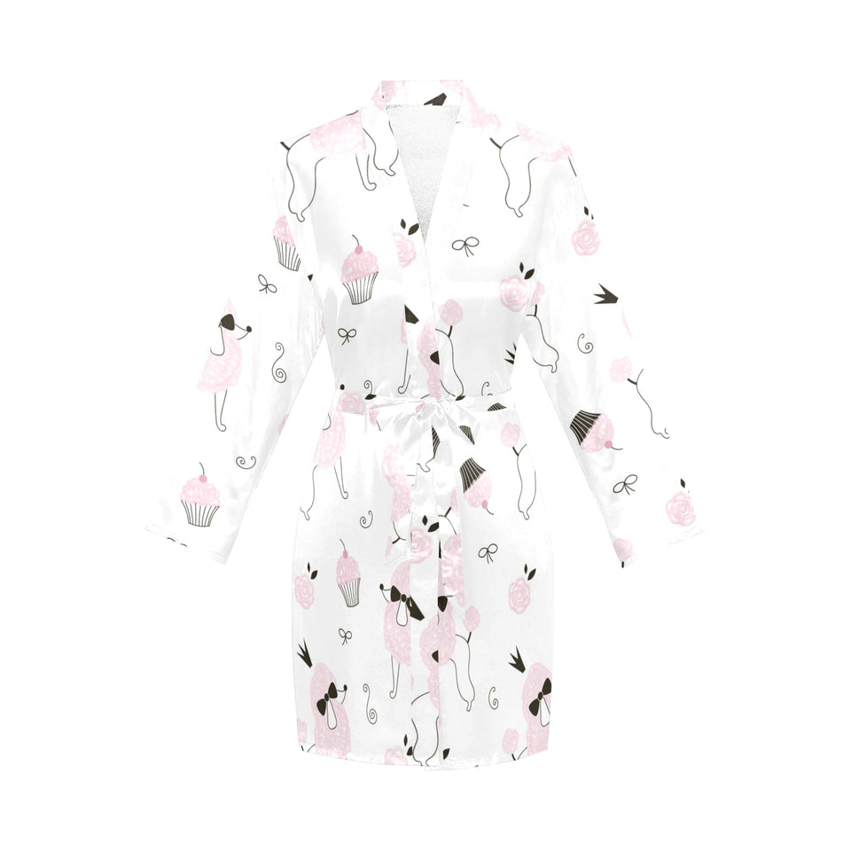 Poodle dog rose cake pattern Women's Long Sleeve Belted Night Robe