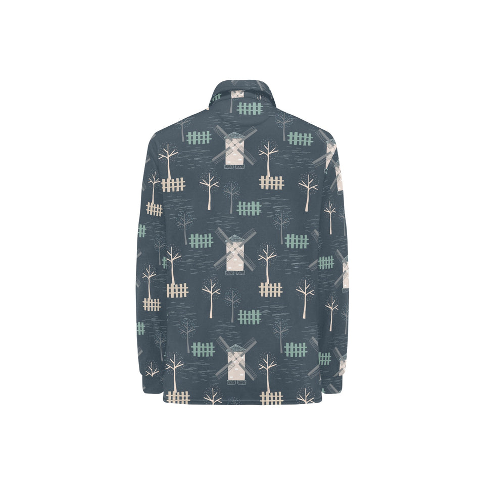 windmill tree pattern Women's Long Sleeve Polo Shirt