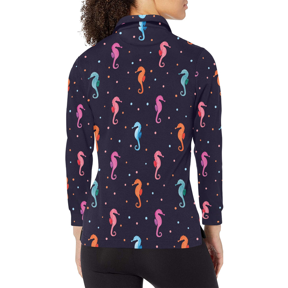 Watercolor colorful seahorse pattern Women's Long Sleeve Polo Shirt