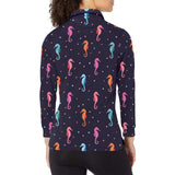 Watercolor colorful seahorse pattern Women's Long Sleeve Polo Shirt
