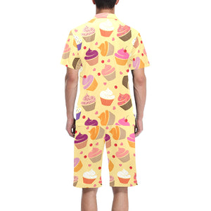 cake cupcake heart cherry pattern Men's V-Neck Short Pajama Set