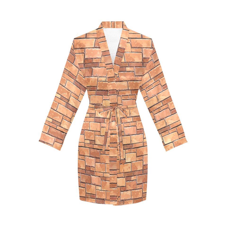 Brick Printed Pattern Print Design 04 Women's Long Sleeve Belted Night Robe