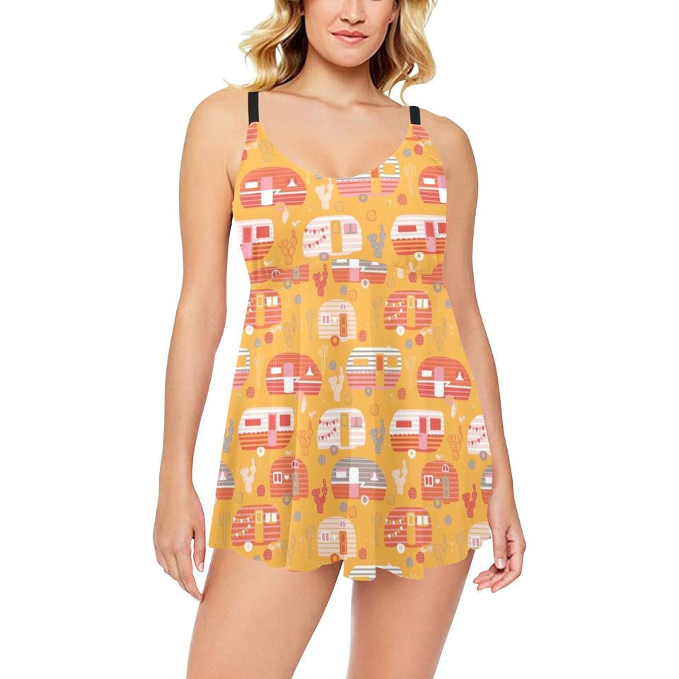 Camper Van Pattern Print Design 04 Chest Sexy Pleated Two Piece Swim Dress