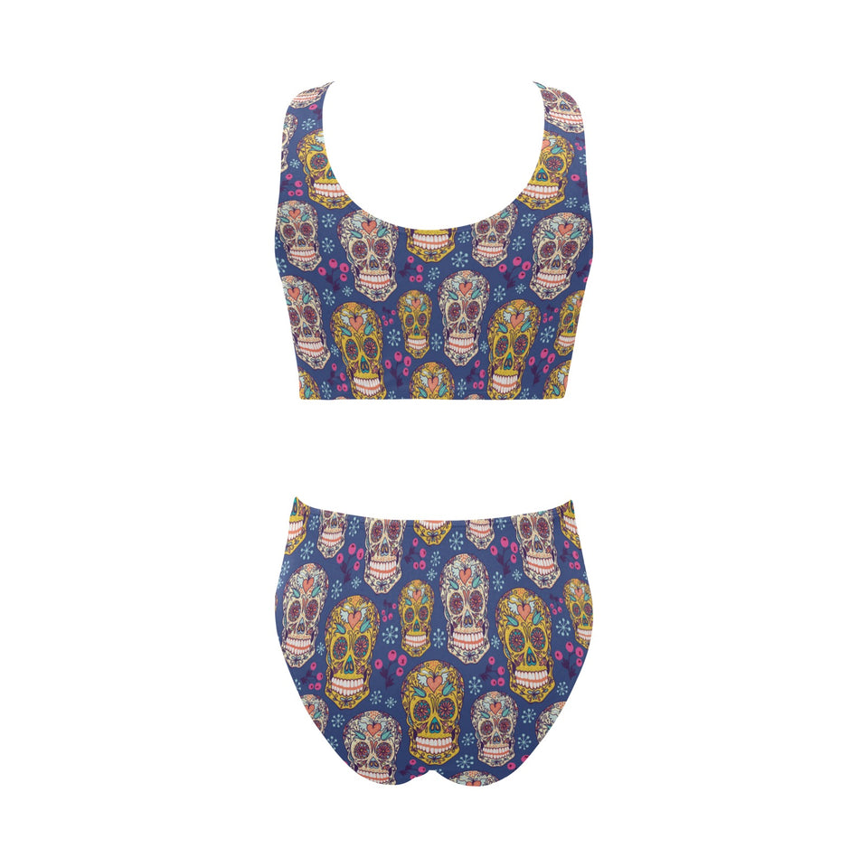 Sugar skull flower pattern Chest Bowknot High Waisted Bikini Swimsuit
