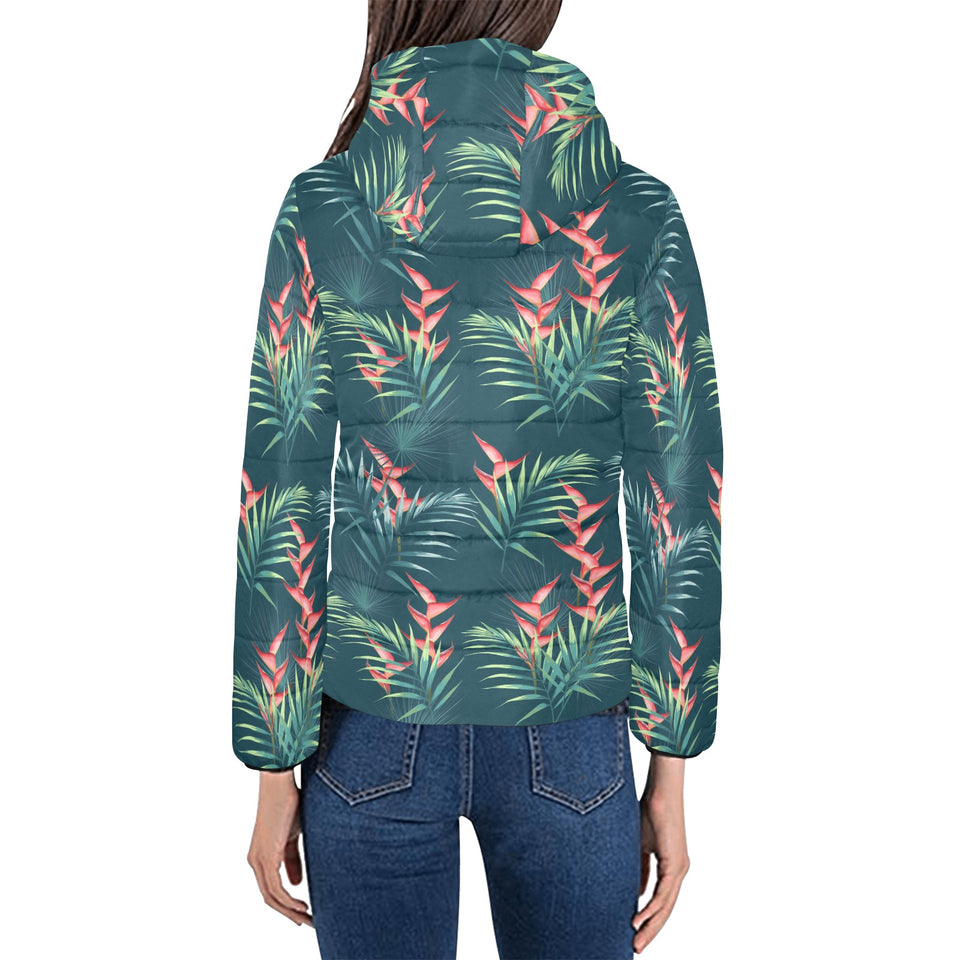 heliconia flowers, palm and monstera leaves on bla Women's Padded Hooded Jacket