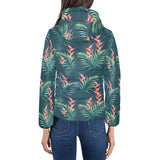 heliconia flowers, palm and monstera leaves on bla Women's Padded Hooded Jacket