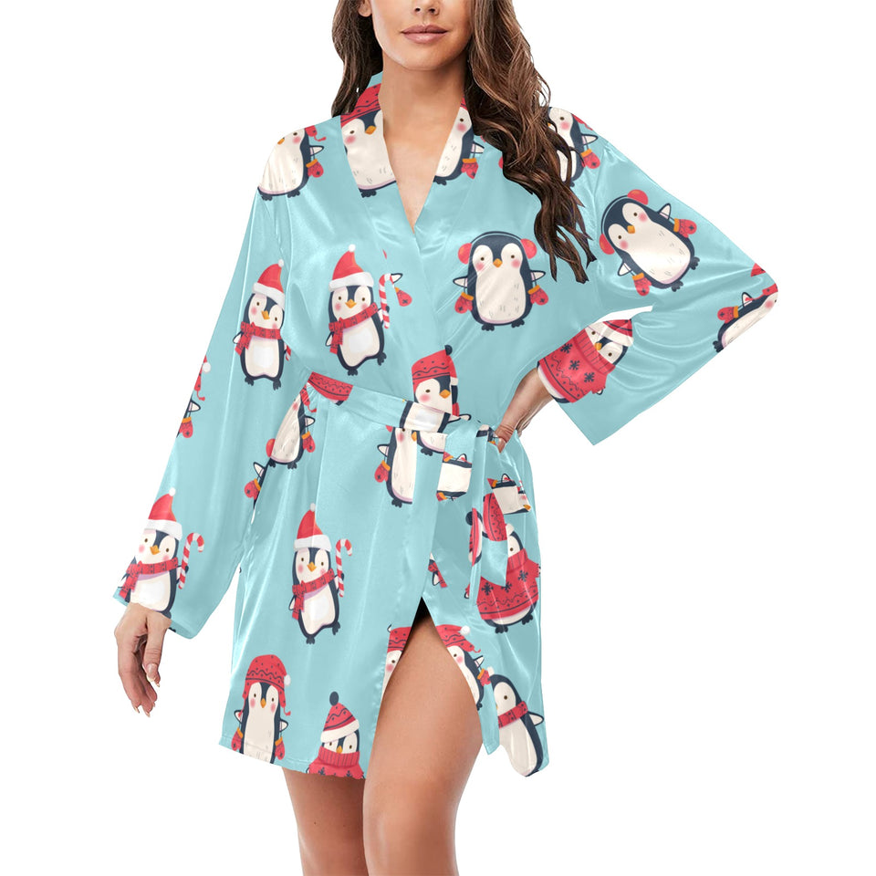 Cute penguin christmas design pattern Women's Long Sleeve Belted Night Robe