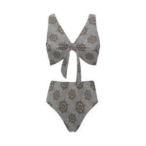 nautical wood steering wheel pattern Chest Bowknot High Waisted Bikini Swimsuit