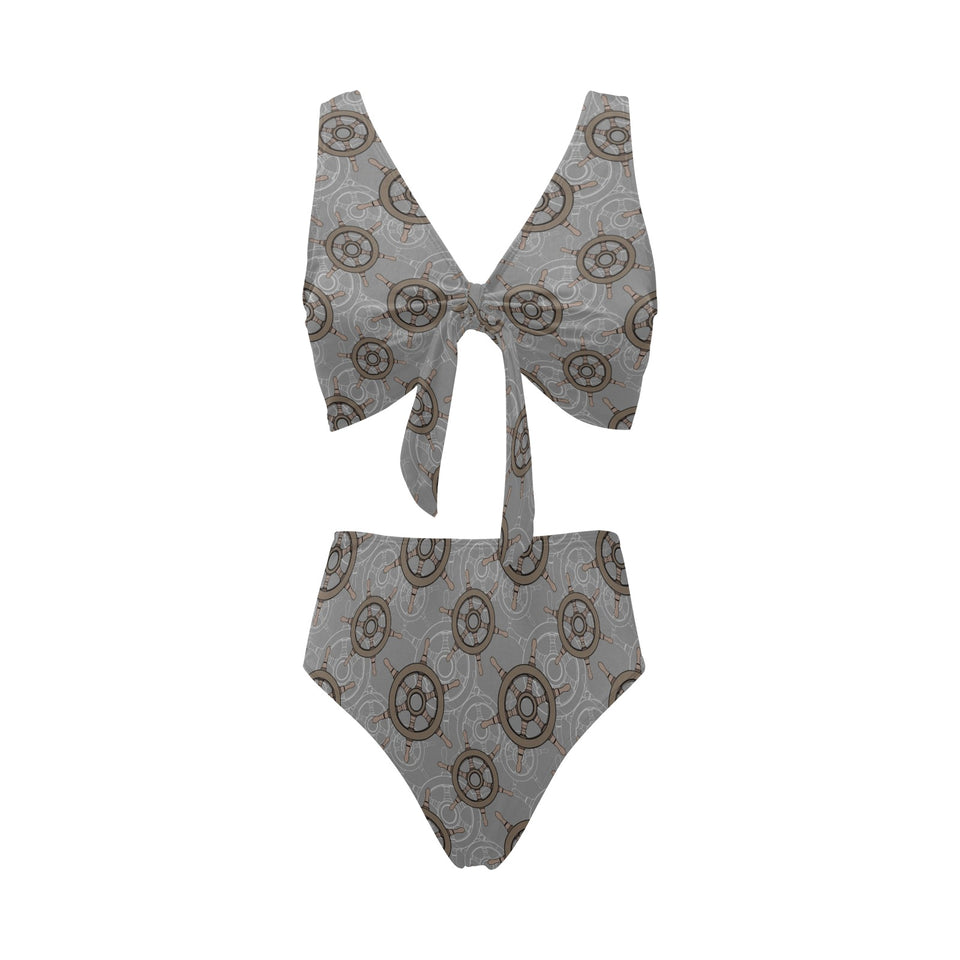 nautical wood steering wheel pattern Chest Bowknot High Waisted Bikini Swimsuit