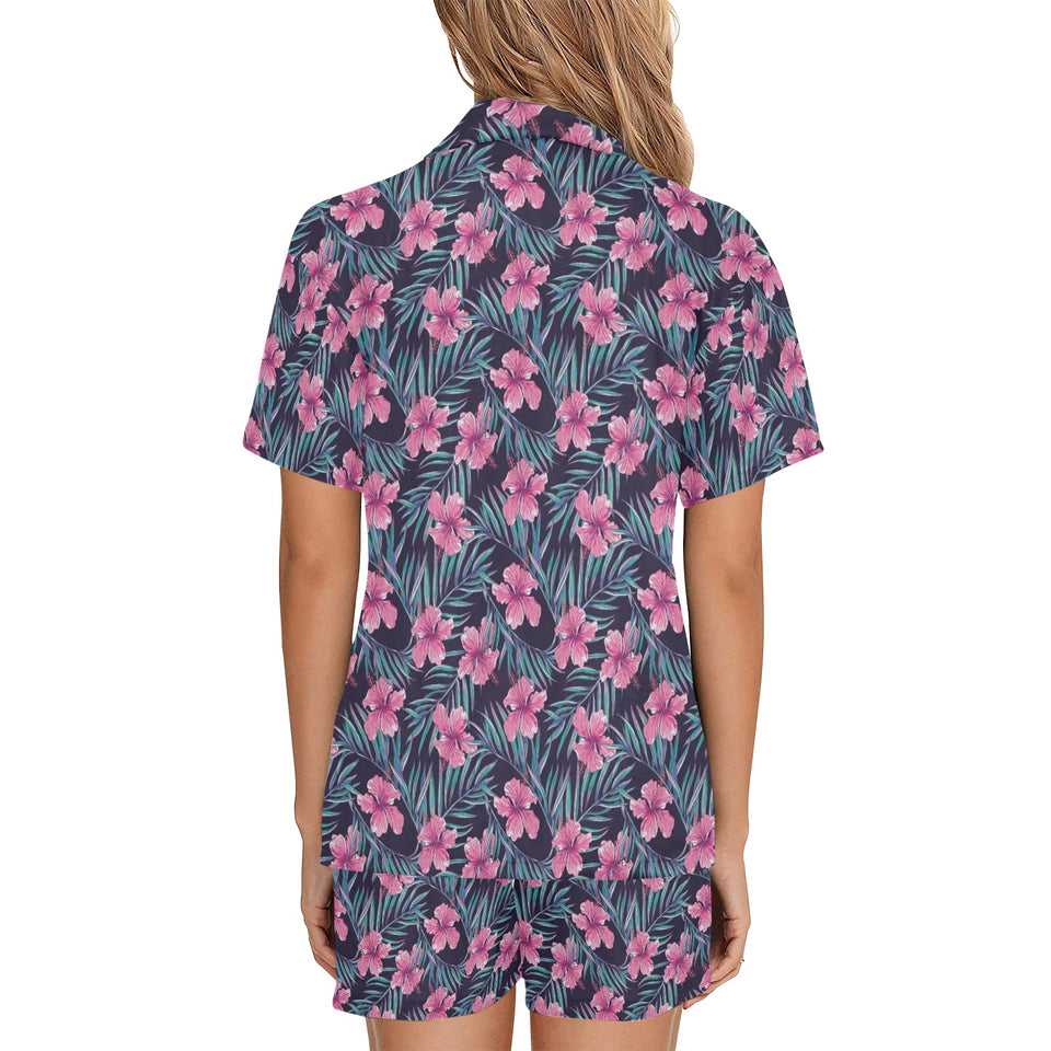 Hibiscus Pattern Print Design 05 Women's V-Neck Short Pajama Set