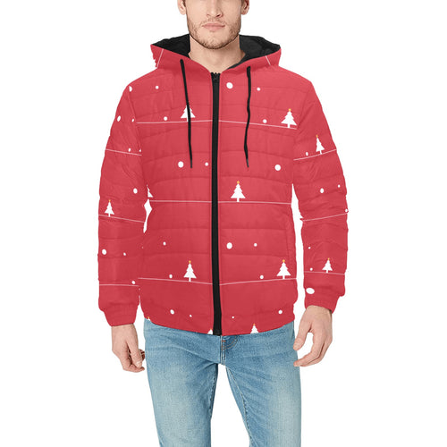 Christmas tree star snow red background Men's Padded Hooded Jacket